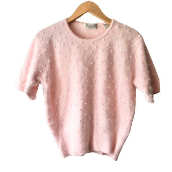 Vintage Lambswool Angora Pearls Pink Balletcore Short Sleeve Knit Top Sweater - Picture 1 of 10